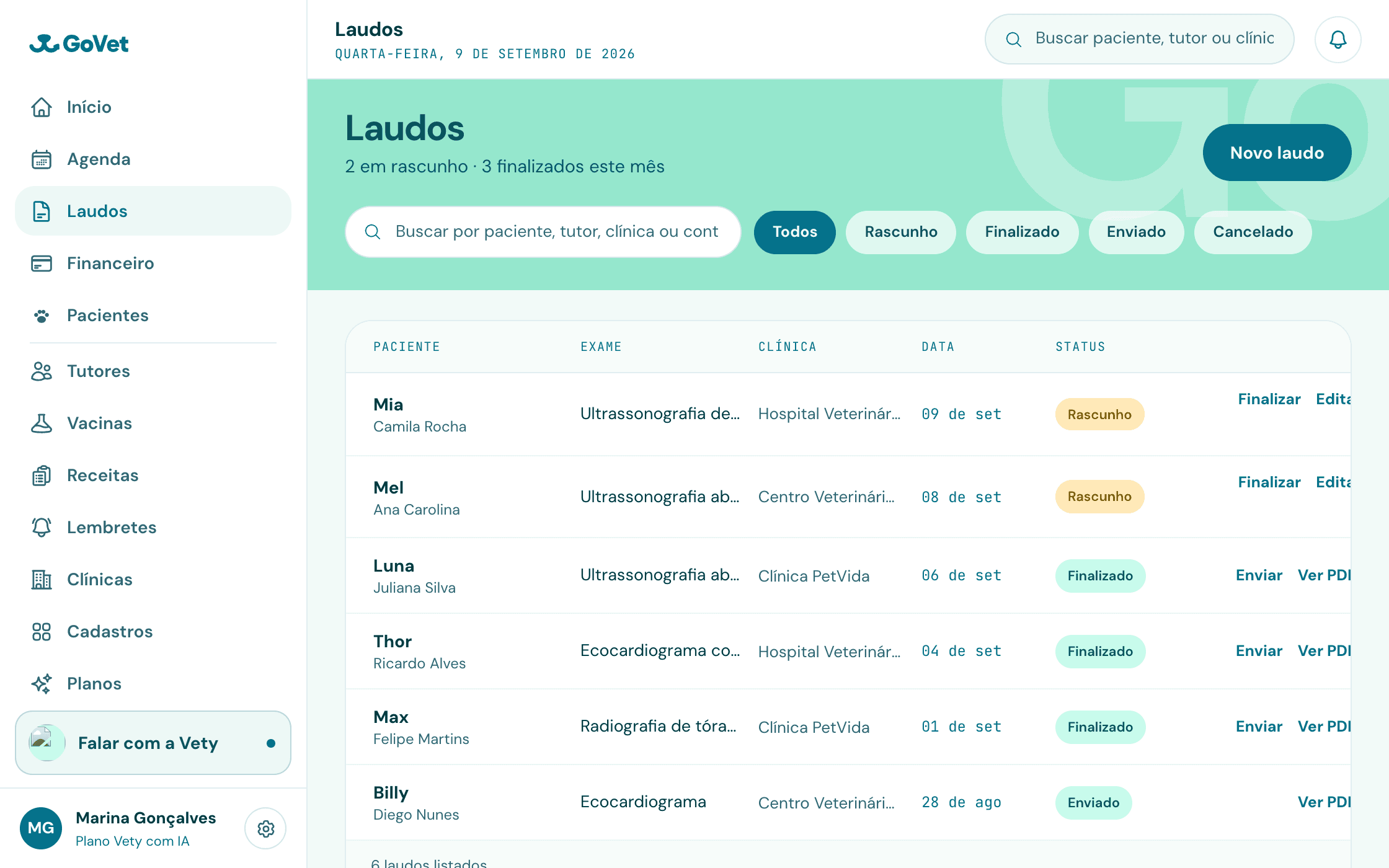 Lista de laudos do GoVet, com rascunhos e finalizados
