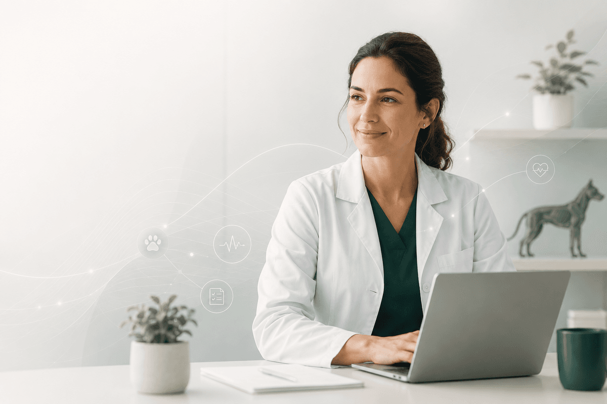 Veterinária usando notebook com o GoVet